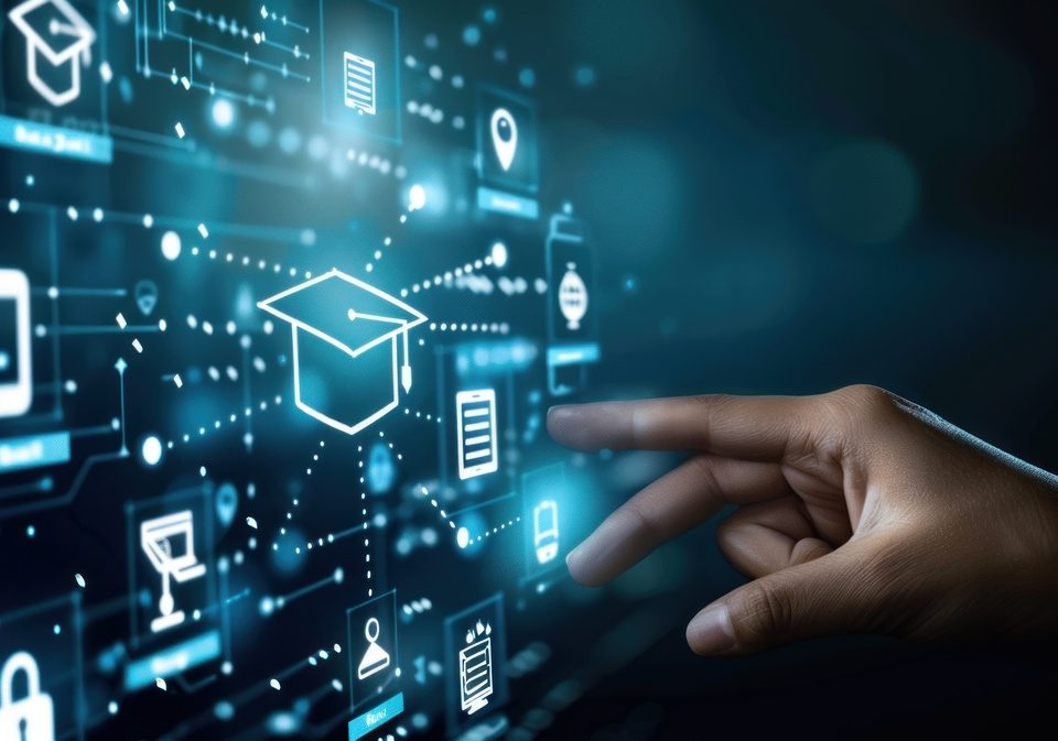 hand touching graduation cap on virtual screen